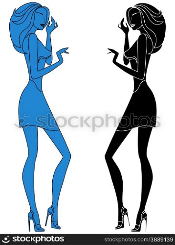 Beautiful abstract slender girl vector outlines in black and blue embodiments. Beautiful abstract girl outlines