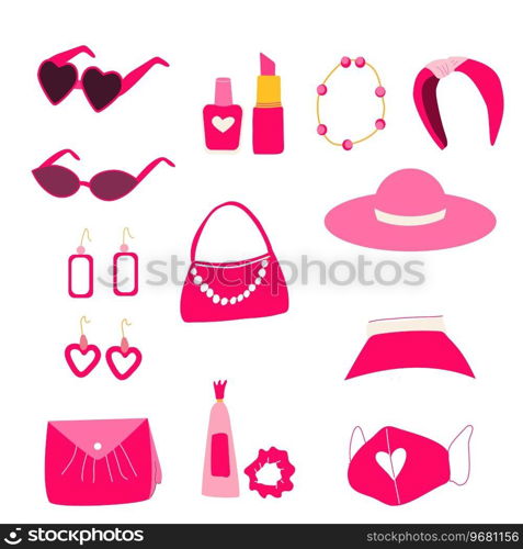 beautiful accessories for women and girls in pink. Vector illustration isolated. . beautiful accessories for women and girls in pink