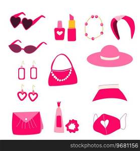beautiful accessories for women and girls in pink. Vector illustration isolated. . beautiful accessories for women and girls in pink