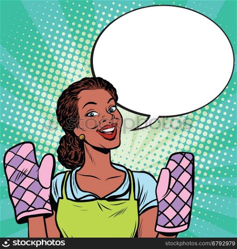 Beautiful African American cooks in the kitchen, pop art retro comic book vector illustration