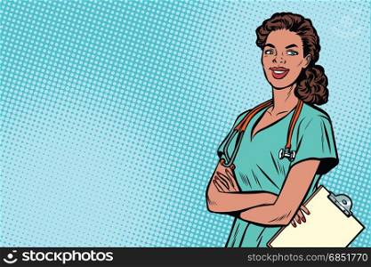 Beautiful African American nurse with stethoscope. Medicine and health care. Pop art retro vector illustration. Beautiful African American nurse with stethoscope