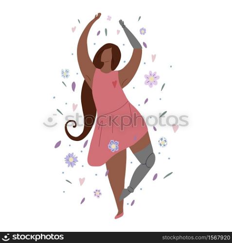 Beautiful african girl dancing in flowers with prosthetic arm and leg. Modern flat illustration of a strong self sufficient woman for postcards, articles and banners. Self love and body positive. Beautiful african girl dancing in flowers with prosthetic arm and leg. Modern flat illustration of a strong self sufficient woman