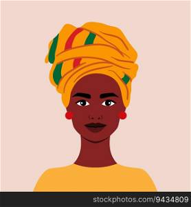 Beautiful African girl in traditional headdress. Full face portrait in flat style. Avatar. Female. Diversity. Black history month