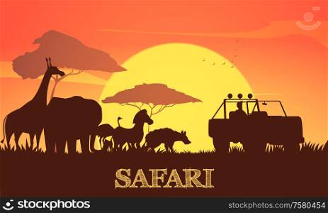 Beautiful african sunset safari background poster with giraffe elephant zebra acacia trees and jeep silhouettes vector illustration