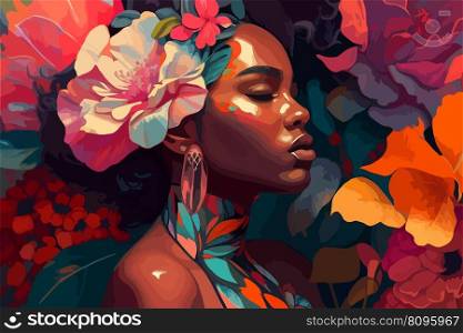 Beautiful African woman in flowers. Vector illustration desing.