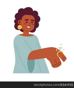 Beautiful afro american fiancee with ring on finger semi flat colorful vector character. Black wife-to-be. Editable full body person on white. Simple cartoon spot illustration for web graphic design. Beautiful afro american fiancee with ring on finger semi flat colorful vector character