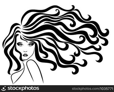 Beautiful and adorable woman with long wavy luxury hair in flow, black vector isolated on the white background, hand drawing