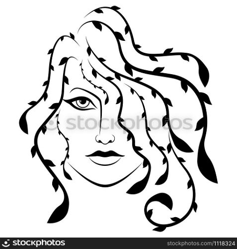 Beautiful and serious woman with abstract floral hair isolated on the white background, hand drawing vector for cosmetic products design