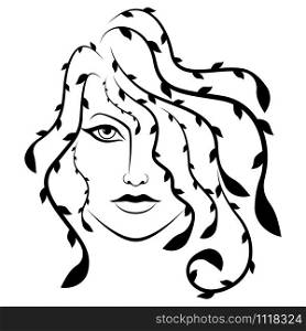 Beautiful and serious woman with abstract floral hair isolated on the white background, hand drawing vector for cosmetic products design
