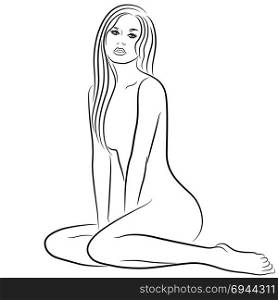 Beautiful Asian woman sitting and posing, hand drown vector outline