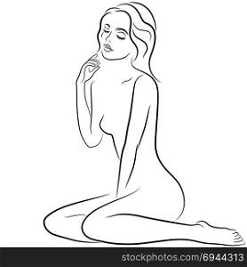 Beautiful Asian woman sitting and posing with closed eyes, hand drown vector outline