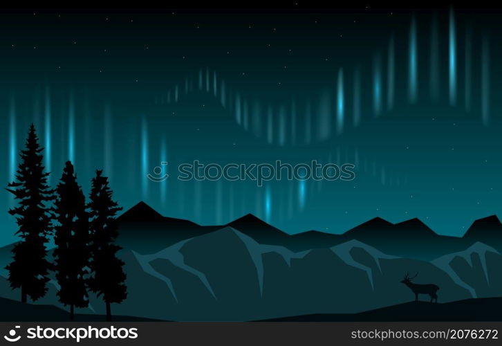 Beautiful Aurora Borealis Sky Light Pine Deer Mountain Polar Landscape Illustration