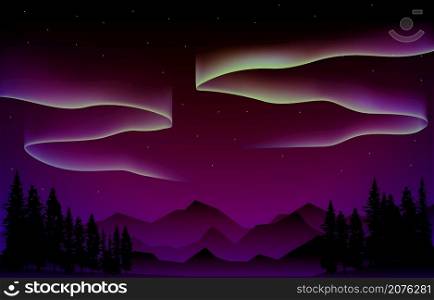Beautiful Aurora Borealis Sky Light Pine Mountain Adventure Polar Landscape Illustration