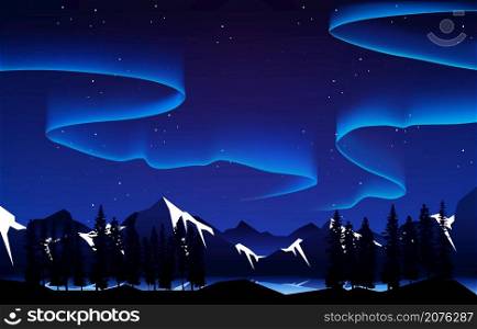 Beautiful Aurora Borealis Sky Light Snow Mountain Lake Polar Landscape Illustration