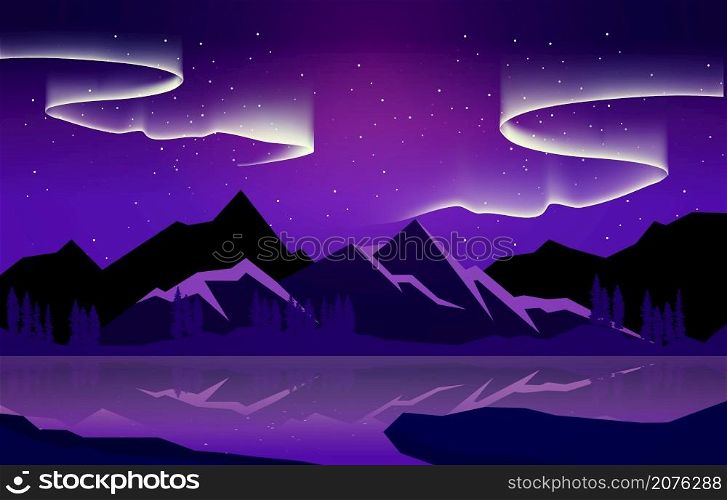 Beautiful Aurora Borealis Sky Light Snow Mountain Lake Polar Landscape Illustration