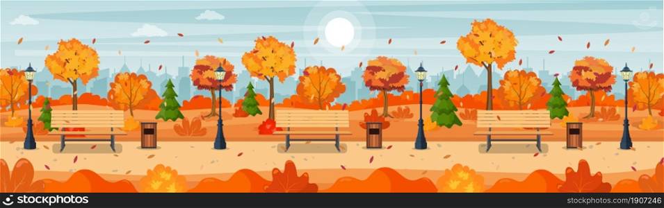 beautiful autumn city park panorama with bench and town building background. Beautiful urban fall park for banner, poster, web. Vector illustration in flat style.. beautiful autumn city park