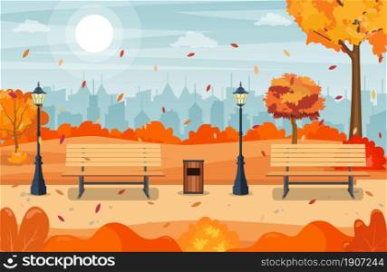 beautiful autumn city park with bench and town building background. Beautiful urban fall park for banner, poster, web. Vector illustration in flat style.. beautiful autumn city park