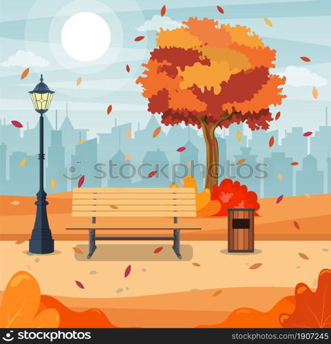 beautiful autumn city park with bench and town building background. Beautiful urban fall park for banner, poster, web. Vector illustration in flat style.. beautiful autumn city park