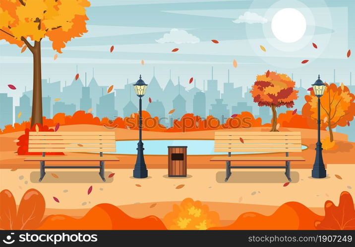 beautiful autumn city park with bench and town building background. Beautiful urban fall park for banner, poster, web. Vector illustration in flat style.. beautiful autumn city park