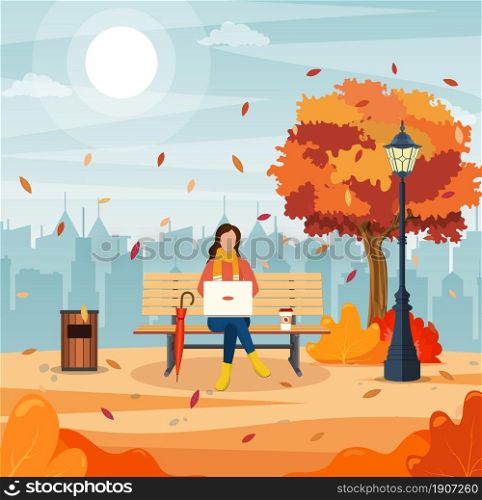 beautiful autumn city park with bench and town building background. Woman with laptop sitting on bench in autumn. Freelance, remote work concept. Vector illustration in flat style.. beautiful autumn city park