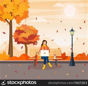beautiful autumn city park with bench and town building background. Woman with laptop sitting on bench in autumn. Freelance, remote work concept. Vector illustration in flat style.. beautiful autumn city park