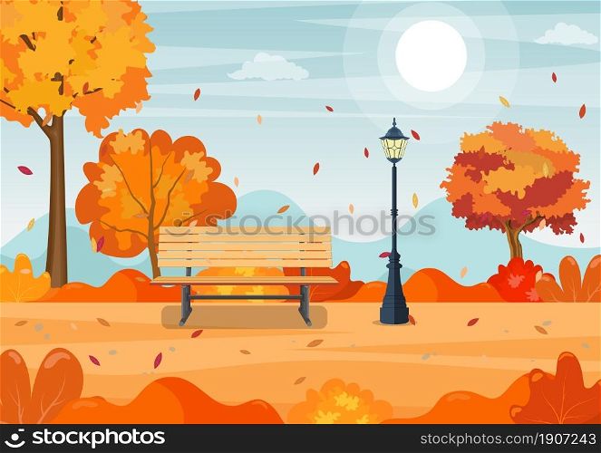 beautiful autumn city park with bench. Beautiful urban fall park for banner, poster, web. Vector illustration in flat style.. beautiful autumn city park