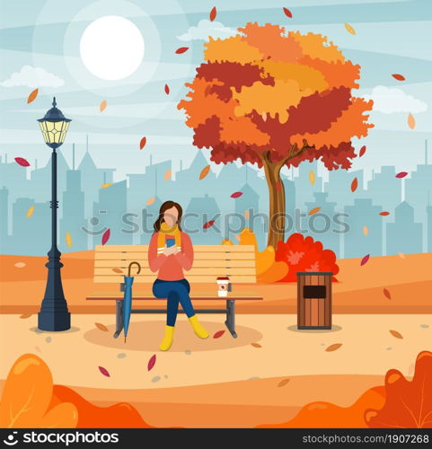 beautiful autumn city park with bench. Woman using phone sitting on the bench in paprk. Freelance or studying concept. online education. Vector illustration in flat style. Woman with phone sitting in park