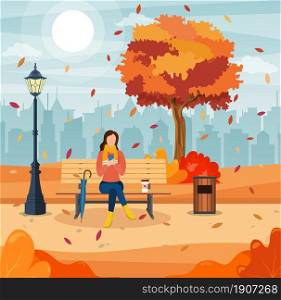 beautiful autumn city park with bench. Woman using phone sitting on the bench in paprk. Freelance or studying concept. online education. Vector illustration in flat style. Woman with phone sitting in park