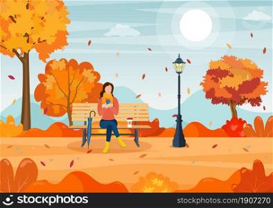 beautiful autumn city park with bench. Woman using phone sitting on the bench in paprk. Freelance or studying concept. online education. Vector illustration in flat style. Woman with phone sitting in park