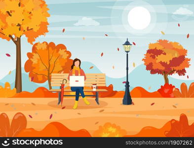 beautiful autumn city park with bench . Woman with laptop sitting on bench in autumn. Freelance, remote work concept. Vector illustration in flat style.. beautiful autumn city park