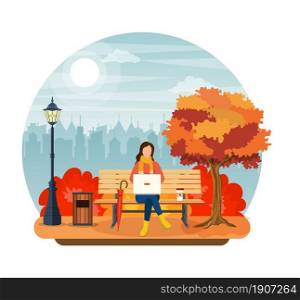 beautiful autumn city park with bench . Woman with laptop sitting on bench in autumn. Freelance, remote work concept. Vector illustration in flat style.. beautiful autumn city park