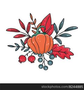  Beautiful autumn decor with orange pumpkin leaves and berries. Fall natural composition with leaves and vegetables. Bright seasonal isolated vector illustration