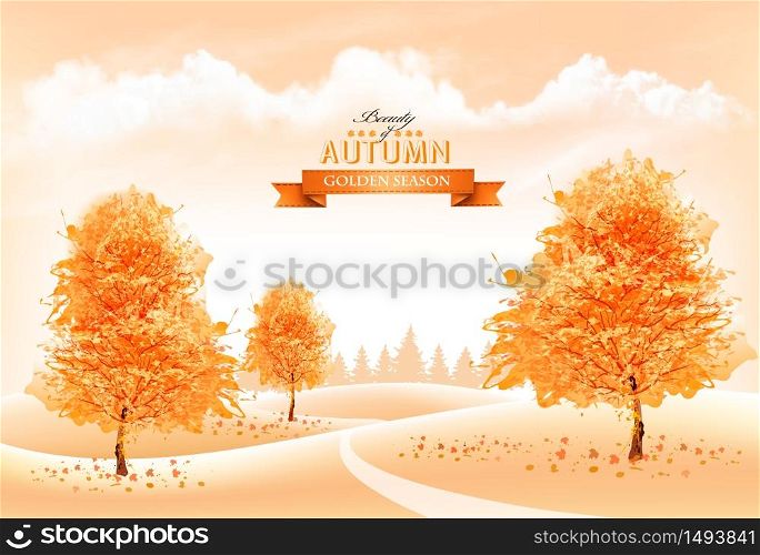 Beautiful autumn nature background with a goldl trees and landscape. Vector.