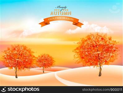 Beautiful autumn nature background with colorful trees and landscape. Vector.