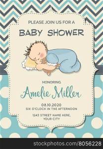 Beautiful baby boy shower card with little baby, vector format