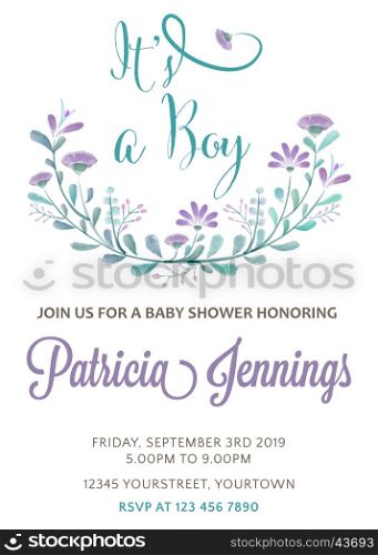beautiful baby boy shower template with watercolor flowers, vector illustration