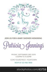 beautiful baby boy shower template with watercolor flowers, vector illustration