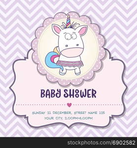 Beautiful baby shower card template with lovely baby girl unicorn, vector format