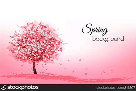 Beautiful background with a pink blooming sakura tree. Vector.