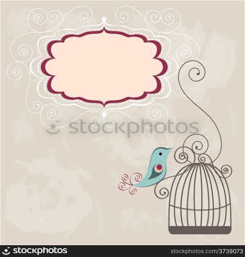 Beautiful background with frame and birdcage, vector illustration