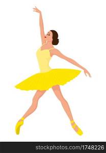 Beautiful ballerina in yellow tutu dress in pointe shoe, hand drawing vector, isolated on the white background
