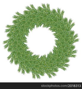 Beautiful banner with green wreath of spruce branches. Isolated vector illustration. Summer festive background. Vector pattern. Natural art decoration. Frame template.. banner with green wreath of spruce branches