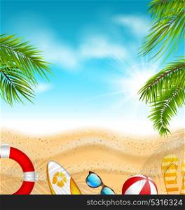 Beautiful Banner with Palm Leaves, Beach Ball, Flip-flops, Surf Board. Beautiful Banner with Palm Leaves, Beach Ball, Flip-flops, Surf Board, Sunglasses, Sand Texture, Sea. Summer, Travel, Journey - Illustration Vector