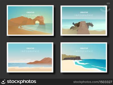 Beautiful beach and sea vector set, flat style. Natural wallpapers are a minimalist, polygonal concept.