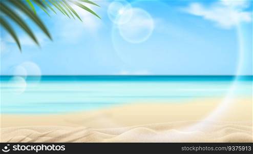 Beautiful beach resort scene with palm tree and clear ocean water in 3d illustration. Beautiful beach resort scene