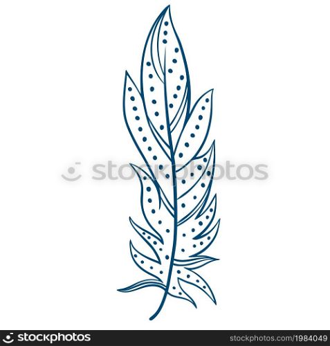 Beautiful bird feather with dots and stripes, isolated object. Feathers hand engraving, line art. Vector decoration illustration.. Beautiful bird feather with dots and stripes, isolated object.