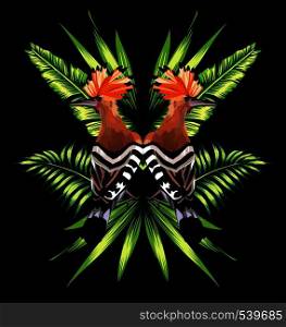 Beautiful bird hoopoe with tropical banana leaves in mirror image on black background. Vector jungle floral wallpaper
