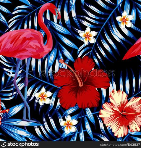 Beautiful bird pink flamingo, hibiscus and frangipani flower on a background of palm leaves in trendy blue style. Seamless vector hawaii print wallpaper pattern