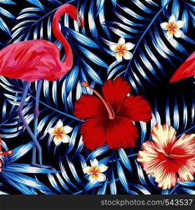 Beautiful bird pink flamingo, hibiscus and frangipani flower on a background of palm leaves in trendy blue style. Seamless vector hawaii print wallpaper pattern