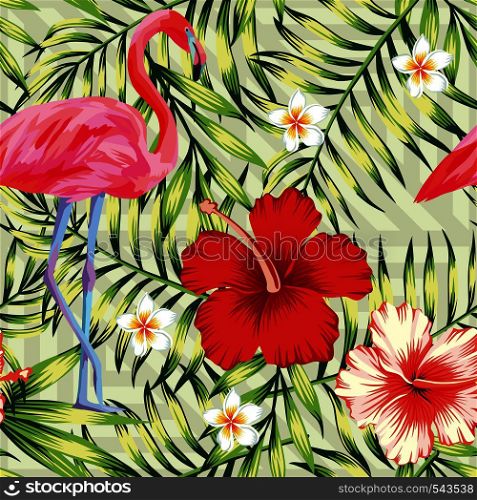 Beautiful bird pink flamingo, hibiscus and frangipani flower on a background of green palm leaves. Seamless vector hawaii print wallpaper pattern